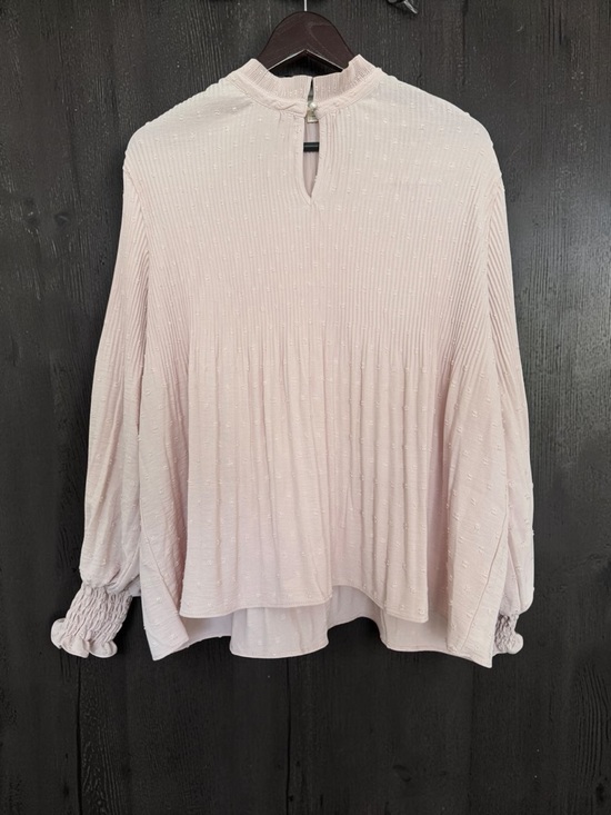 Cactus + Pearl Tops - Delicate Blush Textured Pleat Long-Sleeve Blouse